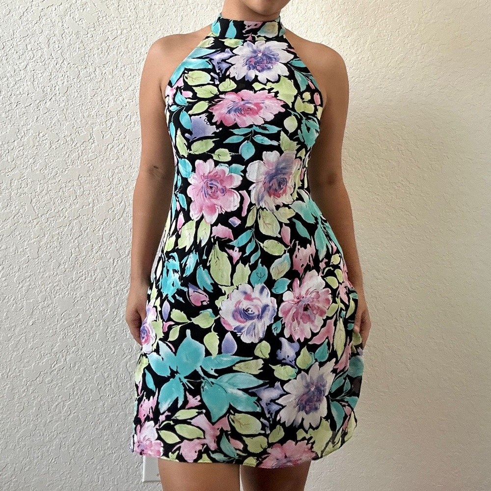 Evan Picone Floral Mini Dress - Black and Pink